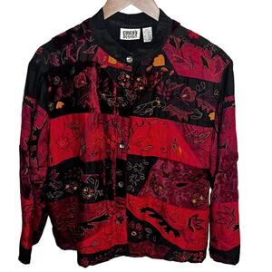 Chicos Jacket Women XL Embroidered Silk Blend Velvet Boho Patchwork Asian Button